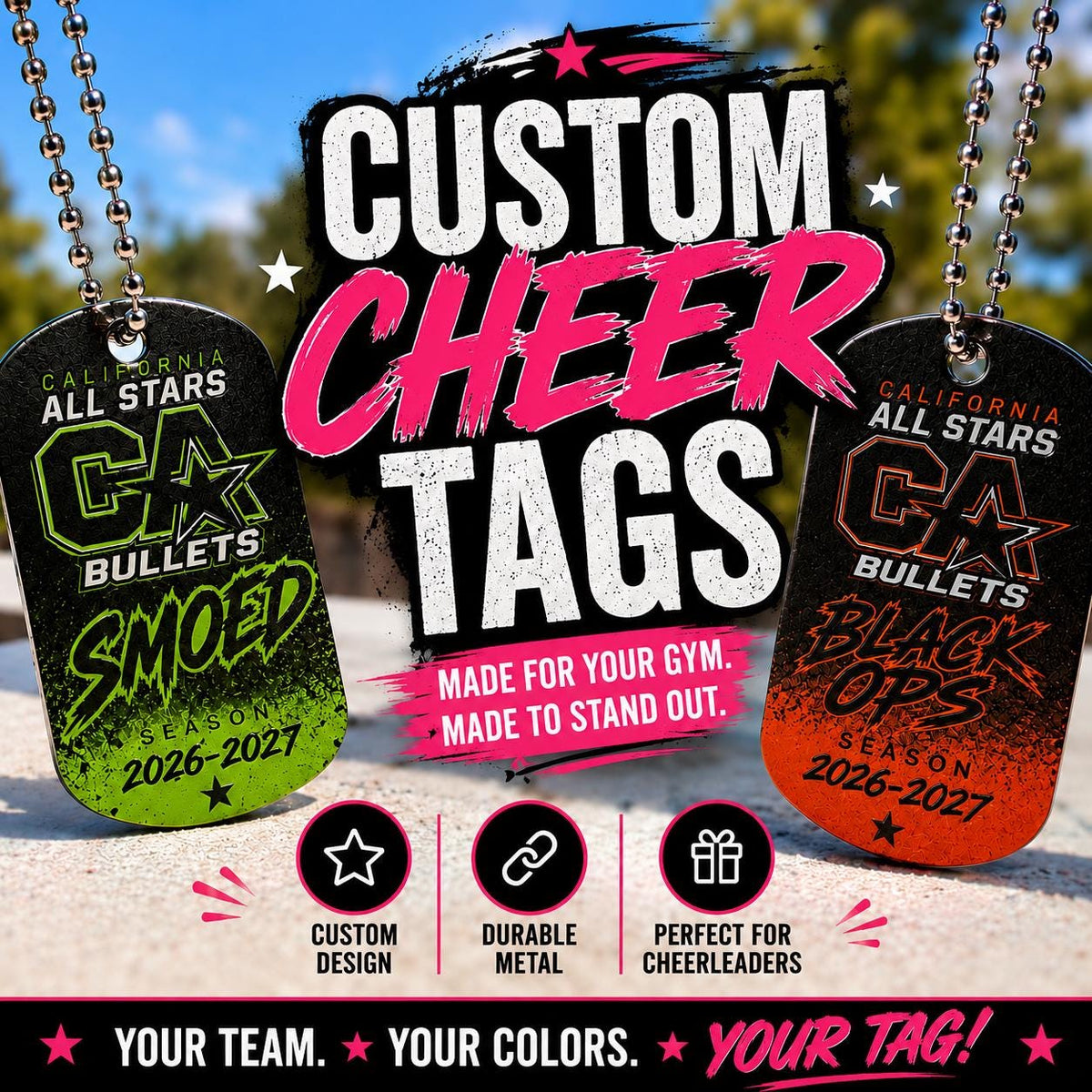 Custom Cheer Dog Tag Set | Personalized Team Dog Tags | Cheerleader Swag | Gym Bag Tag | Team Colors | 2026-2027 Season