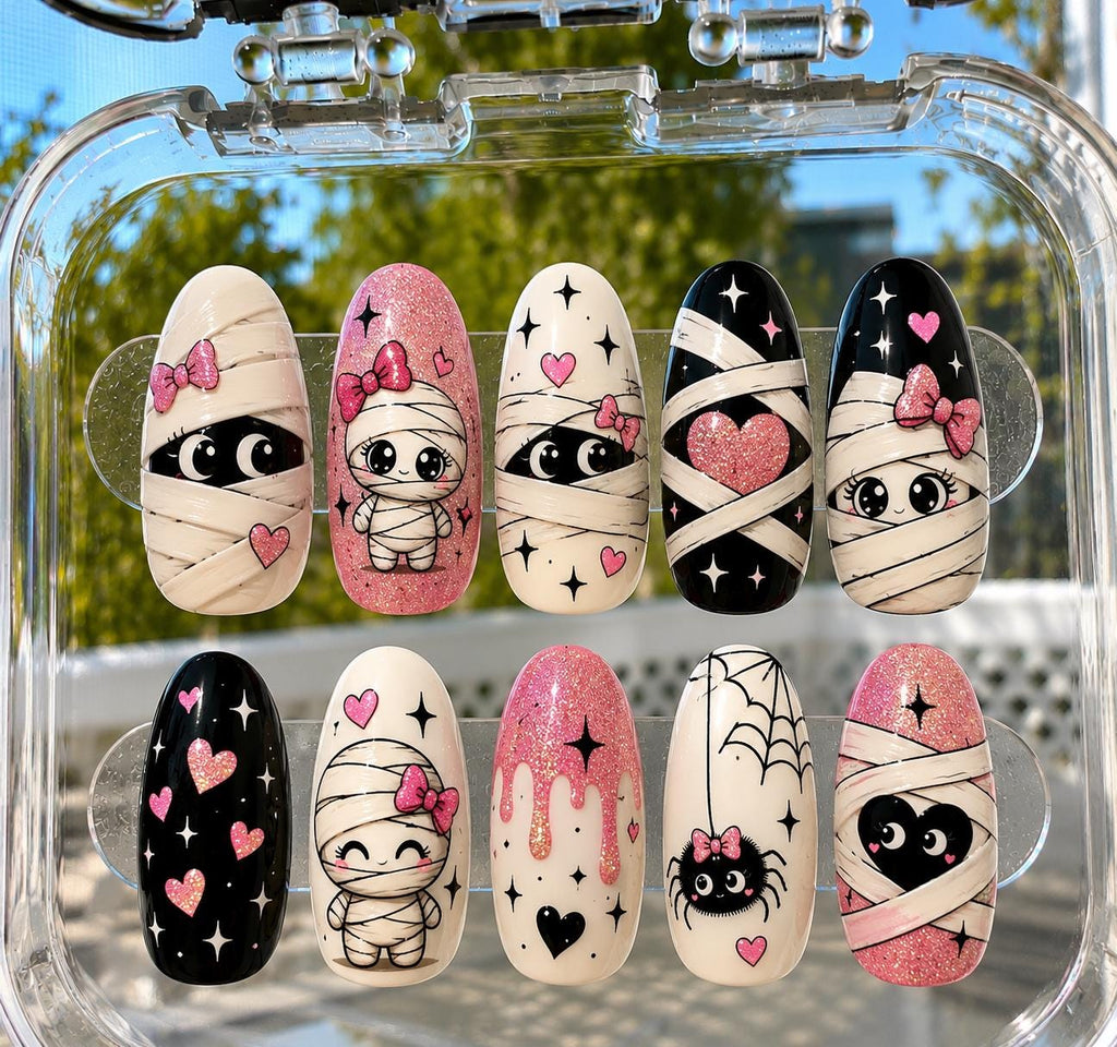 Cute Mummy Nails, Pink Halloween Press On Nails, Kawaii Mummy Nail Set, Girly Spooky Nails, Cute Halloween Nails, Halloween Gift