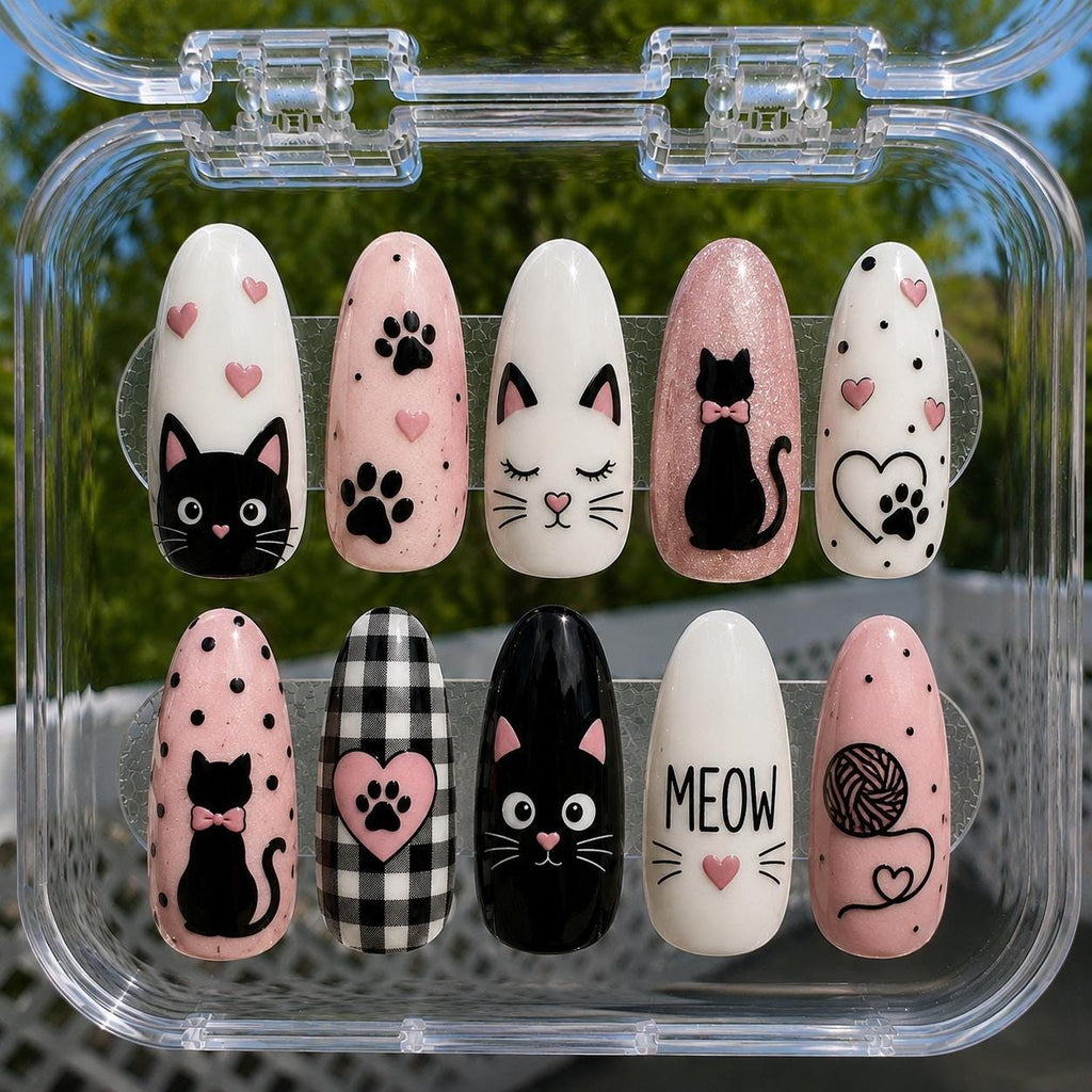 Cute Cat Press On Nails, Cat Lover Nails, Kitty Nail Set, Cat Mom Gift, Cute Animal Nails, Pet Lover Gift, Custom Cat Nails