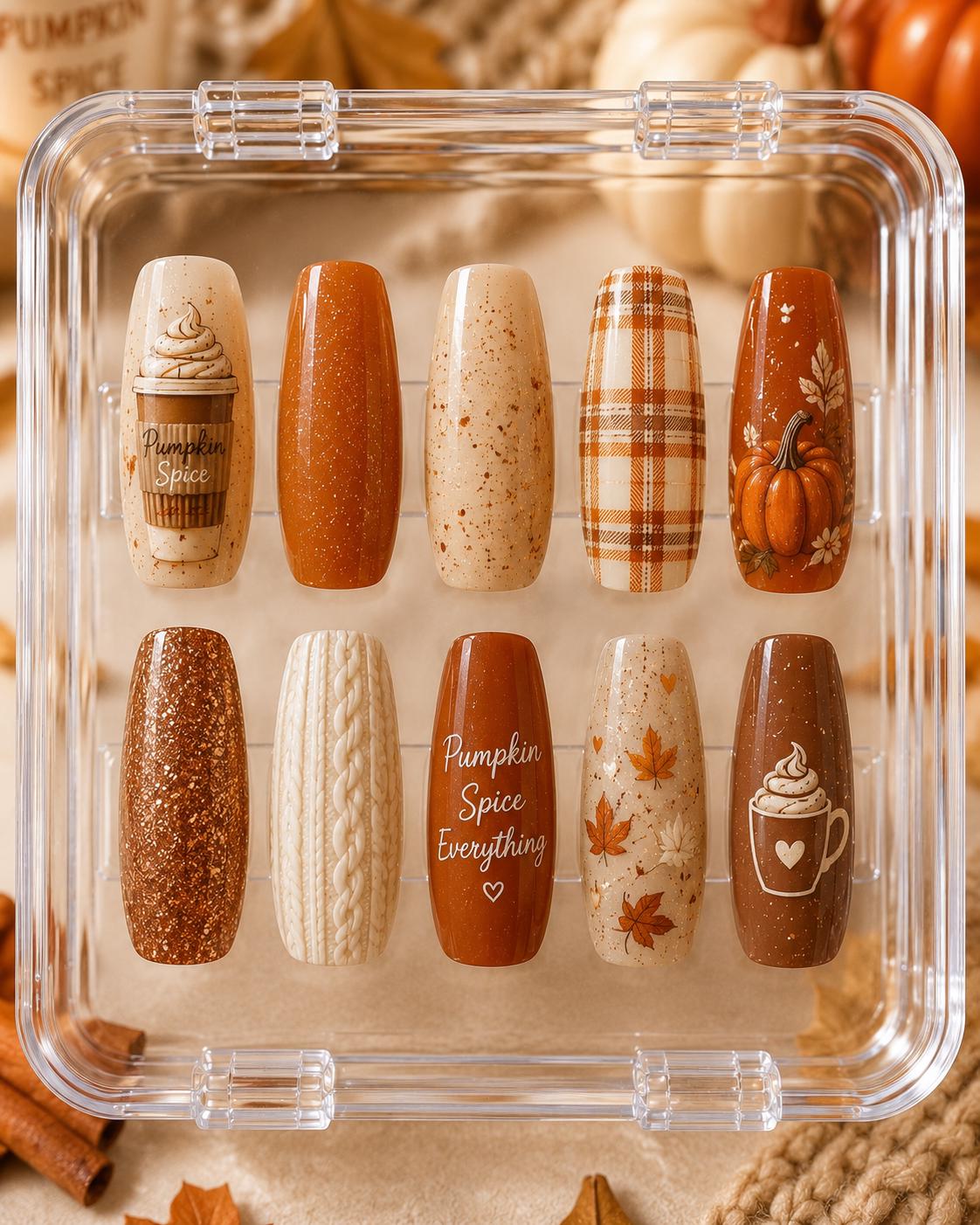 Pumpkin Spice Press-On Nails, Fall Autumn Designs, Cozy Sweater Weather Full Set