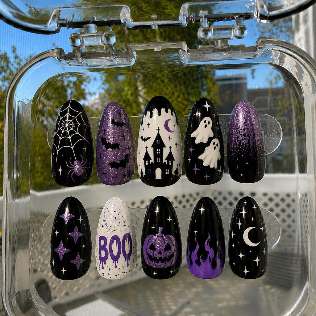 Cute Spooky Press On Nails, Halloween Nail Set, Boo Ghost Nails, Halloween Party Nails, Orange Black Spooky Nails, October Nail Art