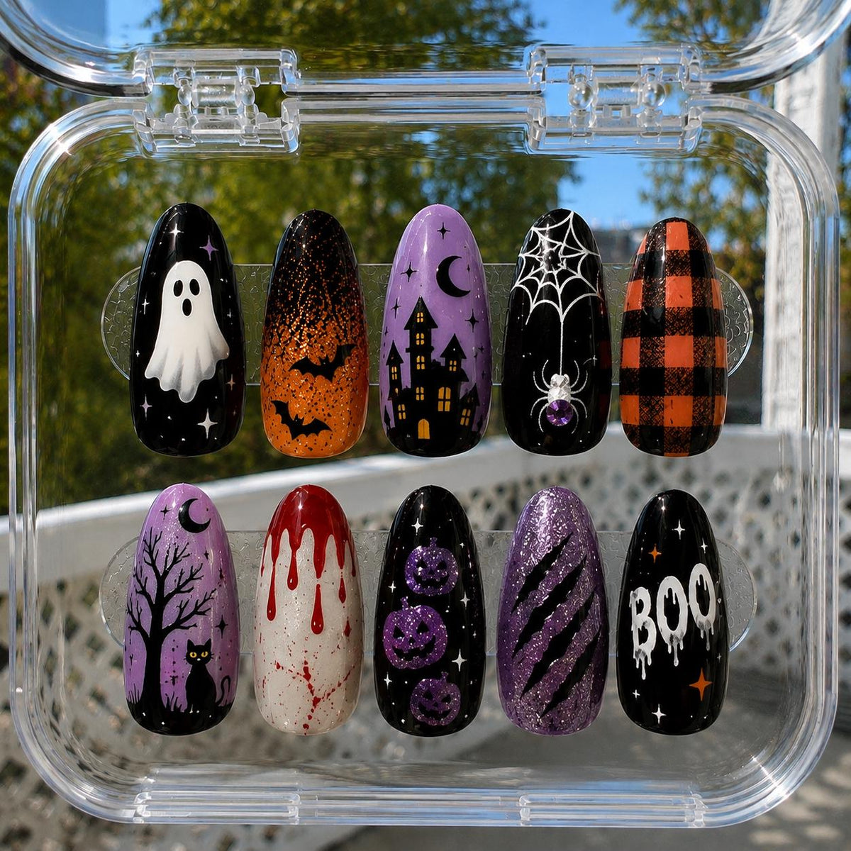 Halloween Press On Nails, Cute Ghost Nails, Spooky Nail Set, Orange Purple Black Nails, Halloween Costume Nails, October Press Ons