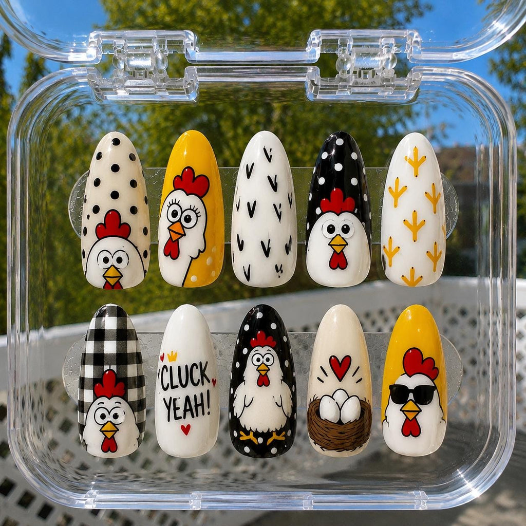 Cute Chicken Press On Nails, Farm Animal Nails, Chicken Lover Gift, Funny Chicken Nails, Farmhouse Nail Set, Hen Nails, Country Girl Gift
