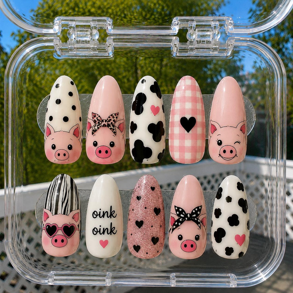 Cute Pig Press On Nails, Pink Pig Nails, Farm Animal Nails, Pig Lover Gift, Farm Girl Nails, Funny Pig Nail Set, Country Girl Gift