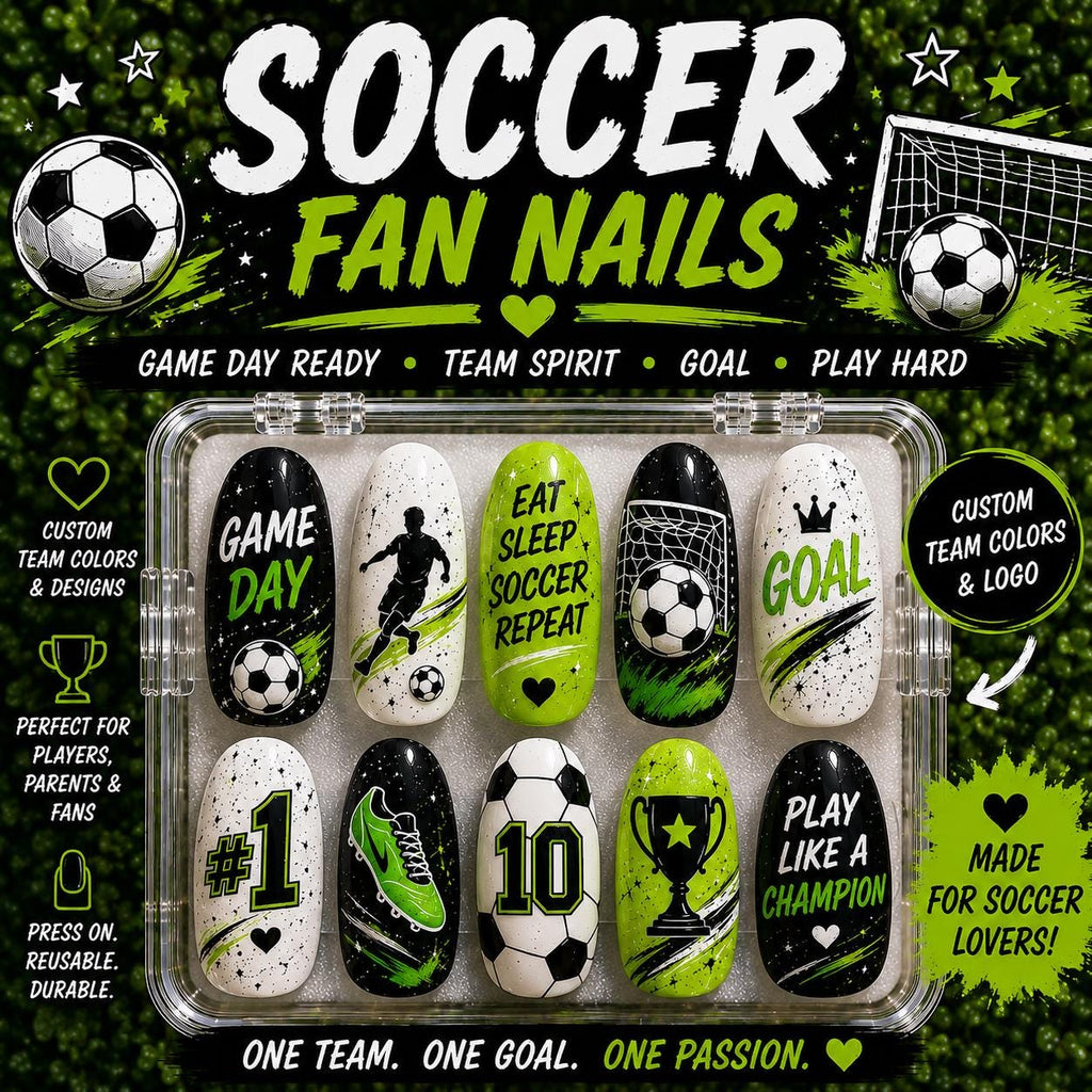 Custom Soccer Nails, Soccer Press On Nails, Personalized Team Nails, Soccer Mom Nails, Game Day Nails, Player Number Nails, Sports Nails