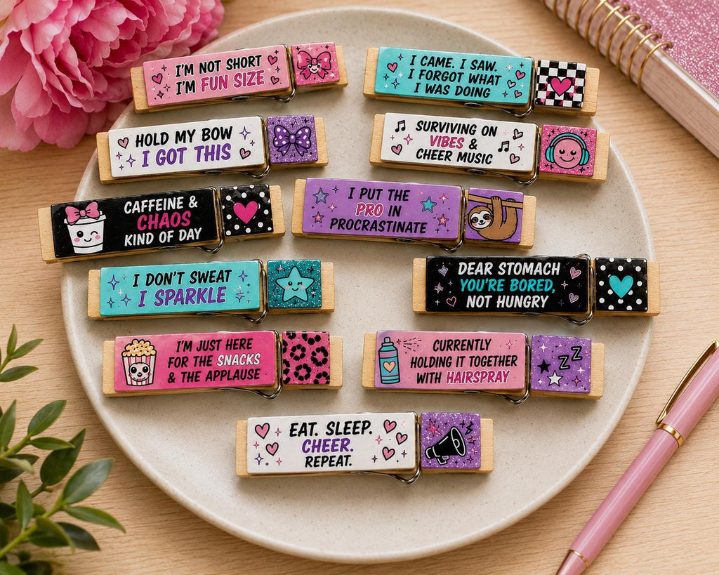 Cheer Clothespins, Funny Cheer Backpack Pins, Cheerleader Gifts, Cheer Competition Pins, Team Gifts, Cheer Bag Accessories