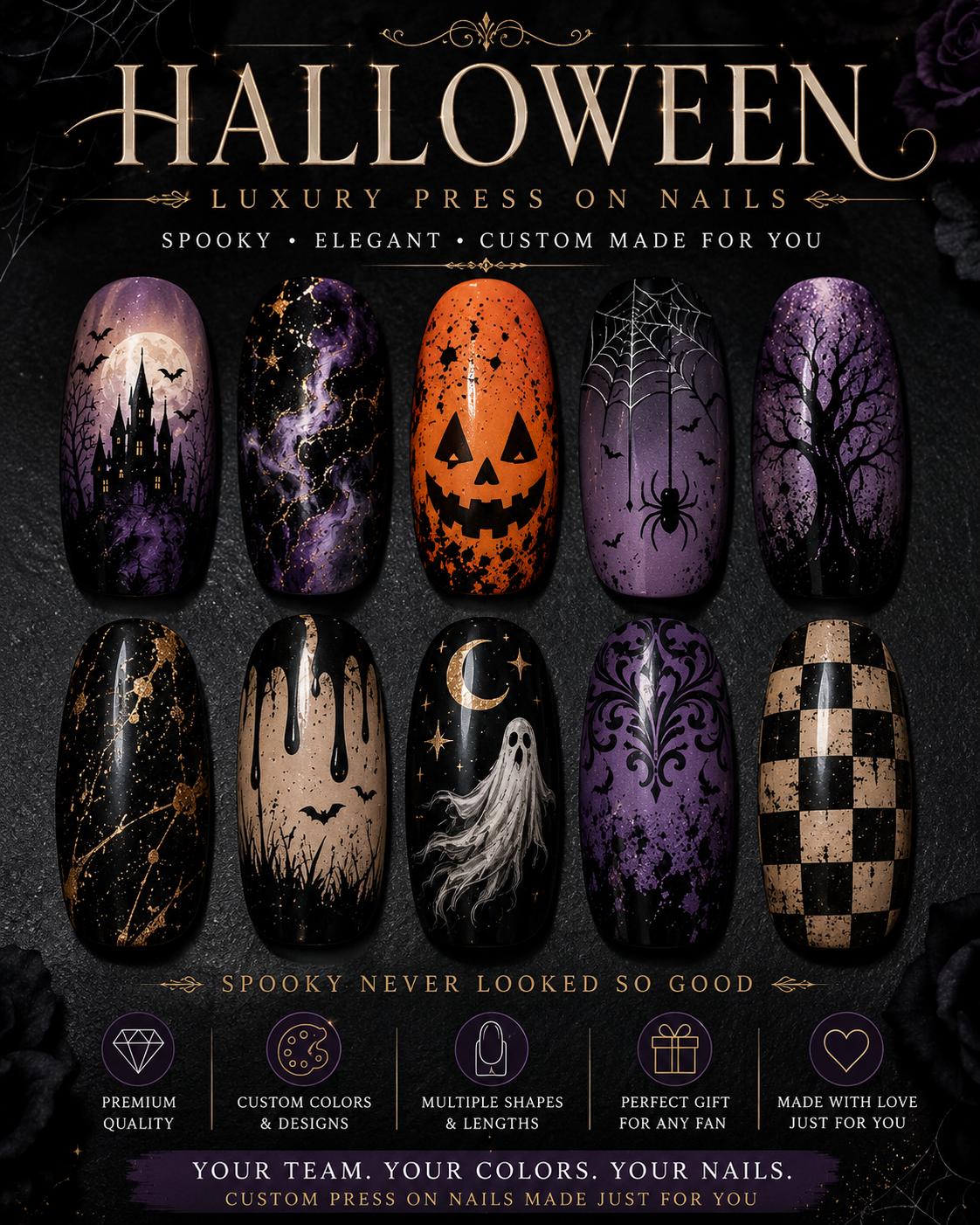 Luxury Halloween Press On Nails, Gothic Halloween Nails, Spooky Nails, Witchy Nails, Haunted House Nails, Halloween Nail Set