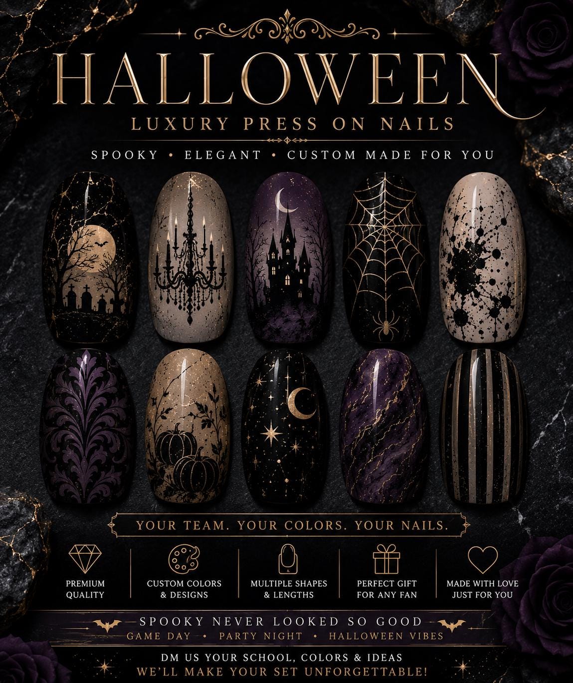 Luxury Halloween Press On Nails, Gothic Halloween Nails, Spooky Nails, Witchy Nails, Haunted House Nails, Halloween Nail Set